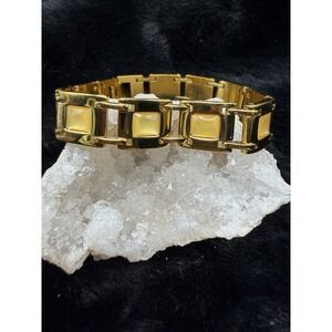 Resin Moonstone Paneled Gold Tone 7.5 Inch‎ Bracelet Fold Over Clasp Shiny
